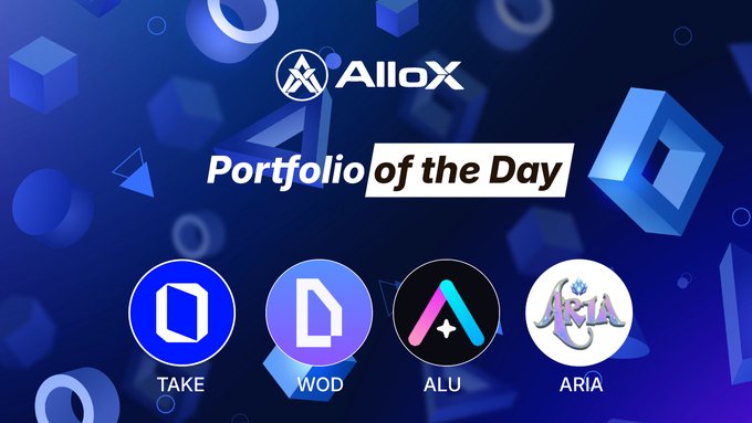 A promotional graphic titled 'Portfolio of the Day' by 'AlloX' features four cryptocurrency tokens: TAKE, WOD, ALU, and ARIA, displayed against a blue 3D background.