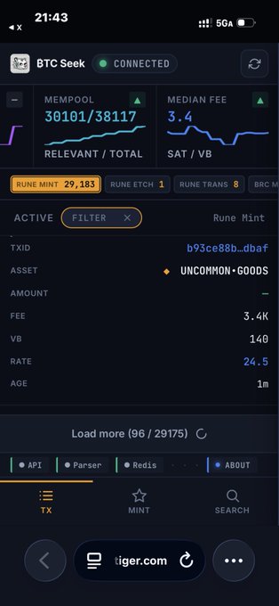 A screenshot of a mobile web interface for 'BTC Seek' showing mempool statistics (30101/38117), a median fee of 3.4 SAT/VB, and details for a rare Runestone asset mint.
