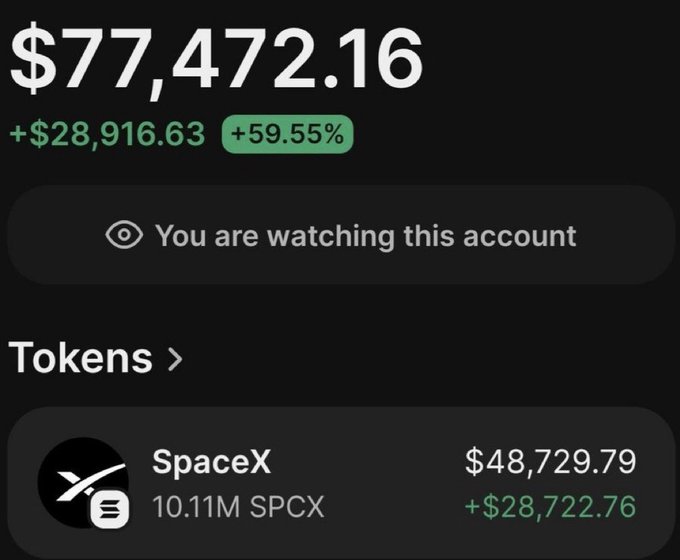 The image shows a screenshot of a financial dashboard displaying information about a $SpaceX investment, such as the amount invested and the value of the investment over time. There are two separate charts displayed within the financial dashboard showing the progression of the investment. In addition to the investment details, there is text on the screen providing information about the person behind the investment.