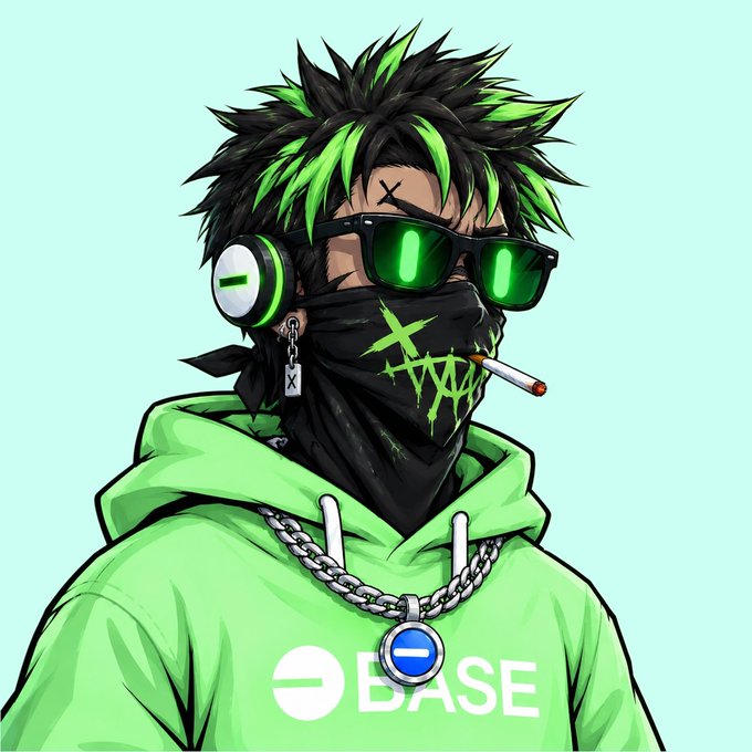 A stylized anime-style character with spiky black and neon green hair wears green-tinted sunglasses, a black bandana with a green X logo, headphones, and a green hoodie featuring the "BASE" logo and a silver chain, smoking a cigarette and matching the crypto giveaway post's edgy, streetwear-inspired aesthetic.