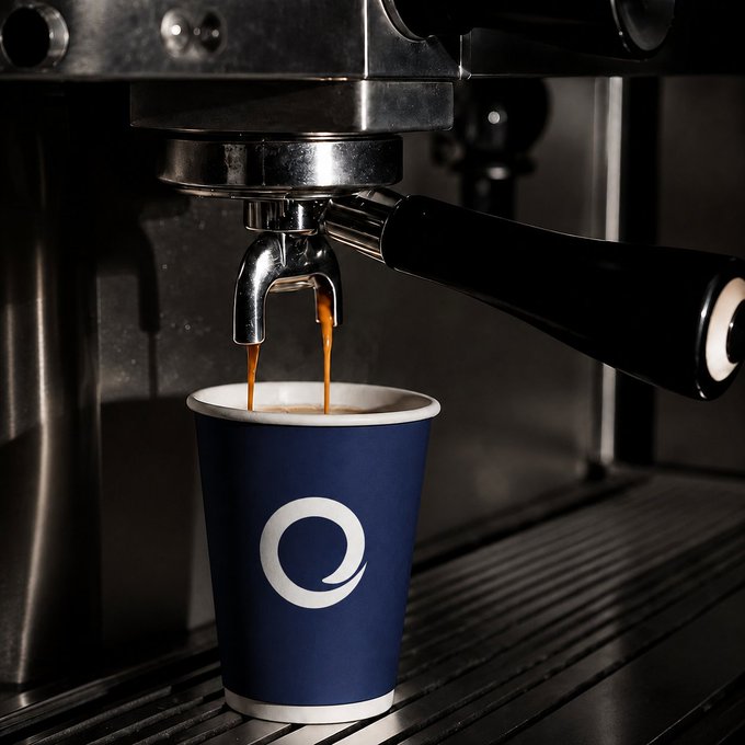 A dark navy paper cup featuring a white circular swirl logo sits beneath an espresso machine's portafilter, catching twin streams of freshly pulled coffee as the rich amber crema begins to form. The minimalist branding and moody lighting capture the "Coffee first" mindset—fuel for the long work session ahead.
