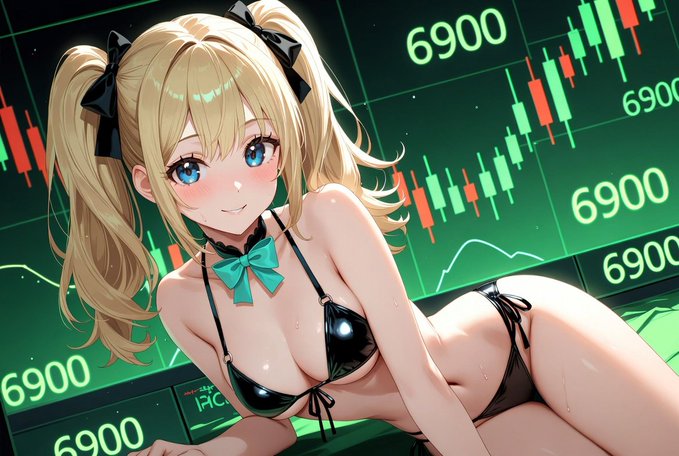 In this illustration, there is a pretty blonde woman wearing a bikini top and a bow tie sitting in a bikini bottom with her legs crossed at the knees in front of a chart that displays stock price data (STOCK PRICE). The woman appears to be dressed for a party or beach vacation rather than dealing with financial matters. A comment under the image suggests that she is seen as attractive by an observer, possibly indicating a connection between the stock market and her personal attractiveness.