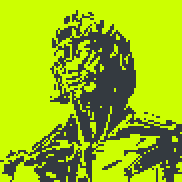 A high-contrast, pixelated black and yellow image showing the silhouette of a person wearing glasses, with a glitch-art aesthetic.