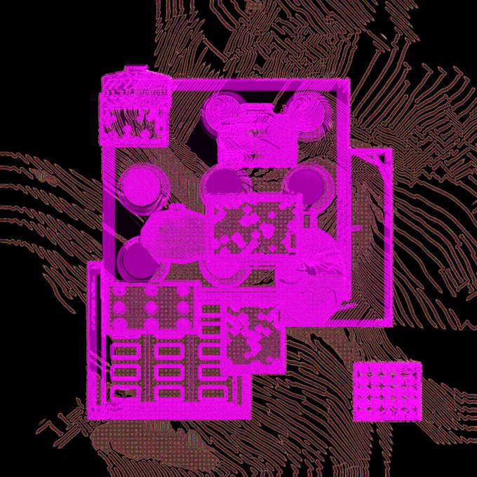 A vibrant magenta and black pixelated digital artwork featuring abstract geometric shapes and what appears to be a stylized Mickey Mouse-like figure.