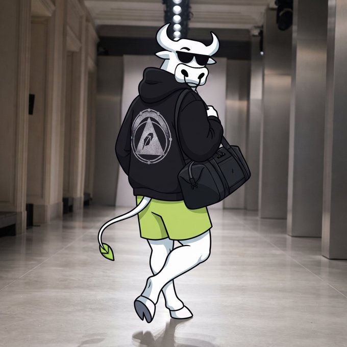 An illustration of a white bull with sunglasses wearing a black hoodie and yellow shorts, carrying a black duffel bag while walking down a hallway.