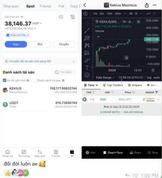 The image shows a screenshot of two crypto trading interfaces: one displaying a portfolio with KEKIUS (158,177,998,222,164 tokens) and USDT holdings, alongside a Kekius Maximus memecoin chart on the right showing a price of 0.00001777 USDT with a massive 15.55% gain. The "Life-changing, bros!" caption relates to the dramatic gains shown—illustrating how a small investment in the KEKIUS memecoin turned into an enormous token balance worth thousands of dollars.