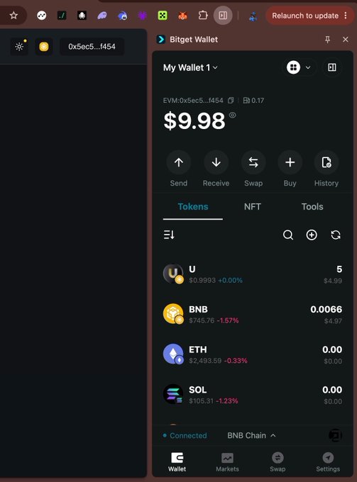 The image shows a Bitget Wallet interface displaying "My Wallet 1" with a balance of $9.98, highlighting $U (UnitedStables) as the top token holding worth $4.99. This aligns with the post's tutorial on using $U as the asset for demonstrating how to work with secured or privatized assets through @primus_labs.