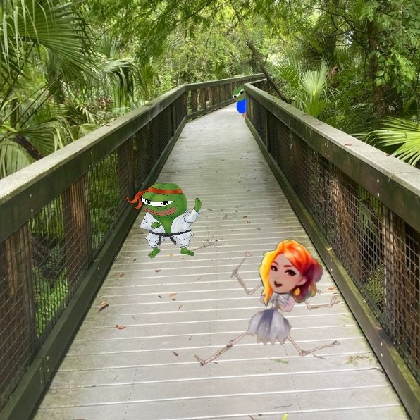 An edited scene on a jungle boardwalk features a green frog character and a cartoon girl in a white dress, with another small figure walking ahead in the distance.