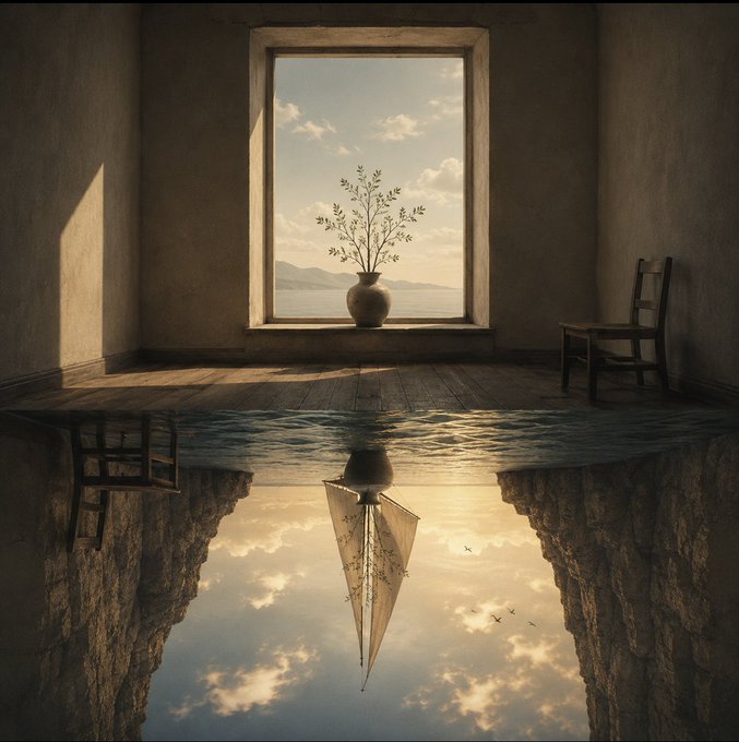 A solitary branch in a ceramic vase sits on a windowsill overlooking a serene seascape, while a wooden chair rests in the shadowy room above. Below, the scene reflects in rippling water, transforming the vase into a floating vessel against a sky of clouds and distant birds—evoking "the other side of stillness" through its dreamy, mirrored duality.