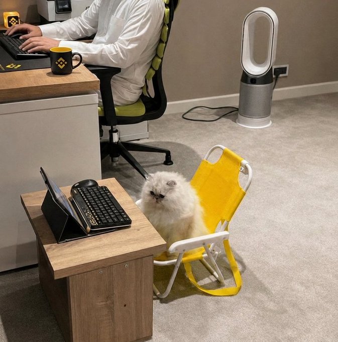 A fluffy white cat lounges contentedly on a miniature yellow beach chair beside a tiny wooden desk with a keyboard, while its owner works at a full-sized desk in the background featuring a Binance mug, mug, and laptop. The "buuuuen dia" caption plays on the "buenos días" greeting, humorously suggesting the pampered feline's adorable setup is the perfect way to start the day—workstation and all ready for whatever crypto trading morning brings.