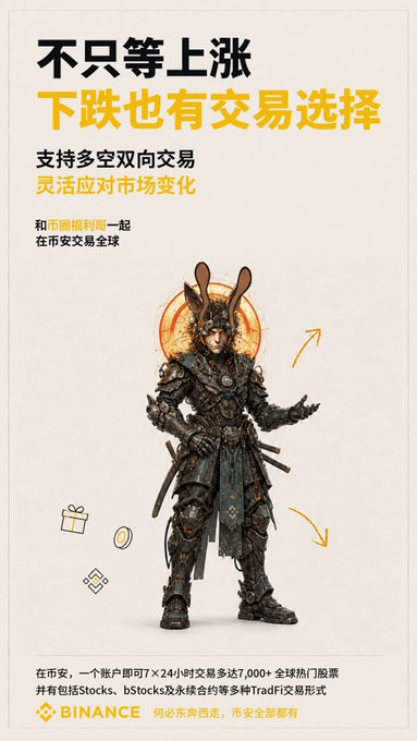 A Binance (币安) cryptocurrency advertisement in Chinese featuring an armored warrior character, promoting 24/7 trading access to 7,000+ stocks via bStocks and various trading pairs.