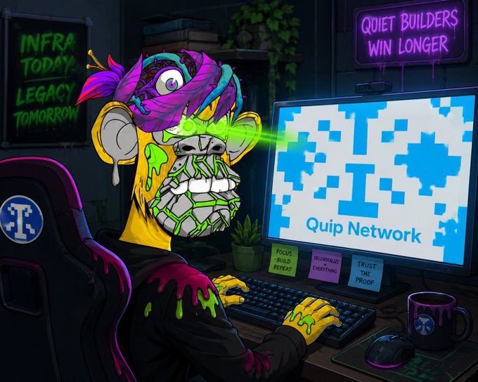 A colorful digital illustration of a stylized ape character working at a computer displaying 'Quip Network', with neon signs reading 'INFRA TODAY. LEGACY TOMORROW' and 'QUIET BUILDERS WIN LONGER'.