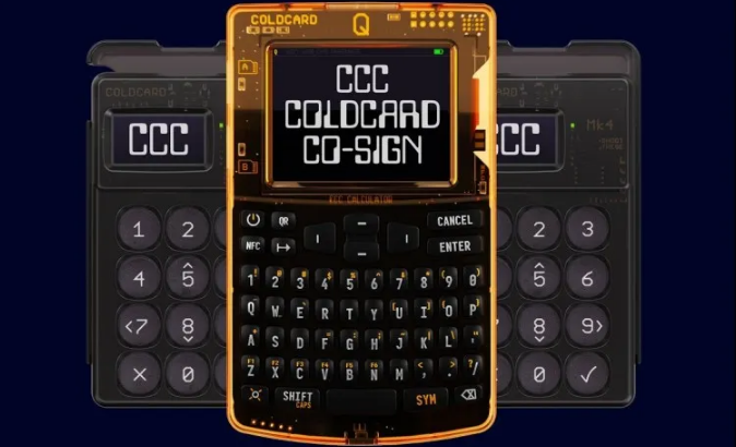 Three Coldcard hardware wallets are displayed, with the foreground orange "COLDCARD Q" device showing "CCC COLDCARD CO-SIGN" on its screen. The image illustrates the physical Bitcoin storage device referenced in the post about the recent ~$80 million security breach affecting one of the most trusted offline cryptocurrency wallets.