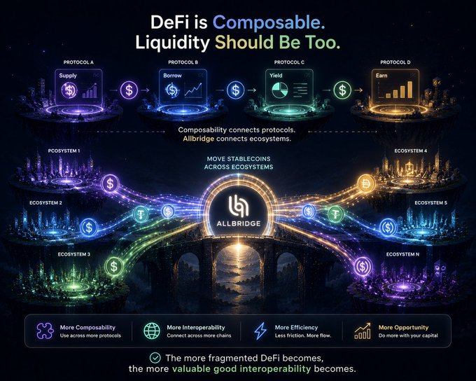 The image showcases Allbridge's "DeFi is Composable. Liquidity Should Be Too." campaign, illustrating how its cross-chain infrastructure connects fragmented DeFi protocols and ecosystems (A, B, C, D and multiple ecosystems) to enable composability, interoperability, efficiency, and opportunity across chains. It visually reinforces the post's message by highlighting the challenge of cross-chain asset access as a key frontier for true DeFi composability.