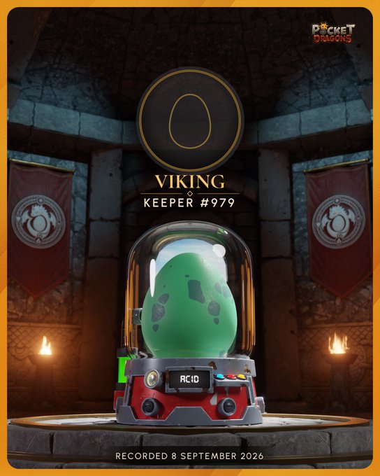 A digital card from Pocket Dragons featuring a green speckled egg in a capsule machine, labeled 'VIKING' and 'KEEPER #979', recorded 8 September 2026.