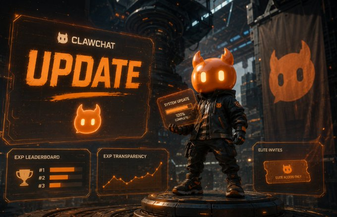 The image features a character from ClawChat, standing on a platform with a banner that says "Update" above them. The character has an orange hat and is holding a sign or a piece of paper. There are also two other signs visible in the background, one of which reads "chat". The overall scene suggests that the character might be promoting a new update for ClawChat or simply updating their profile information.