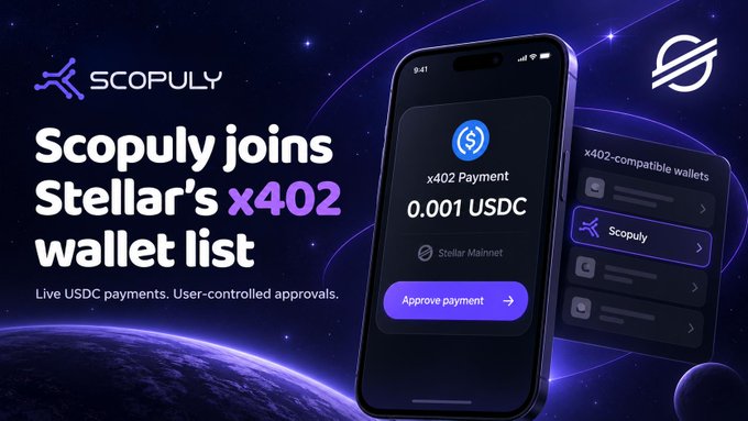 A promotional graphic announcing 'Scopuly joins Stellar's x402 wallet list,' displaying a smartphone mockup showing a 0.001 USDC payment approval screen against a cosmic purple background with the Scopuly and Stellar logos.