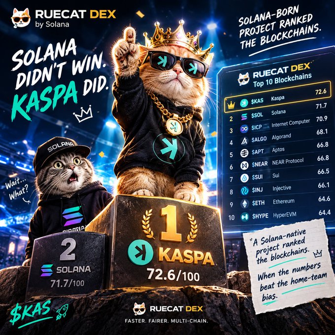 A promotional graphic for RUECAT DEX featuring cats on a podium with text 'SOLANA DIDN'T WIN. KASPA DID.' and a ranking list titled 'Top 10 Blockchains' with Kaspa at #1 and Solana at #2.