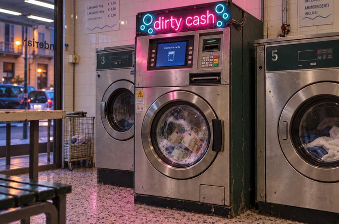 A laundromat interior features industrial washing machines, with the center machine displaying a bright pink neon sign reading 'dirty cash' above its digital screen.