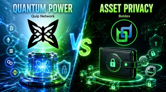 A 'VS' comparison graphic between 'QUANTUM POWER' featuring Quip Network with a butterfly logo and 'ASSET PRIVACY' featuring Beldex with a wallet graphic.
