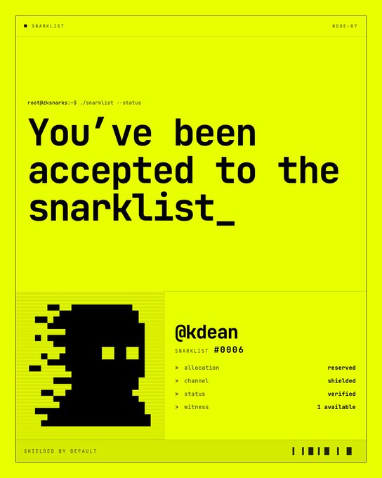 A yellow graphic poster with the text 'You've been accepted to the snarklist_', displaying a pixelated ghost logo and profile details for '@kdean' with 'SNARKLIST #0006'.