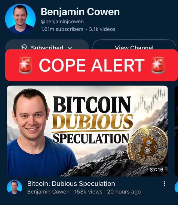 A screenshot of Benjamin Cowen's YouTube channel (@benjamincowen, 1.01m subscribers) featuring a "COPE ALERT" banner over his video thumbnail titled "Bitcoin: Dubious Speculation" (158k views, posted 20 hours ago). The caption mocks Cowen for his bearish crypto predictions, including calls for a crash below $40K Bitcoin and a -90% altcoin decline.
