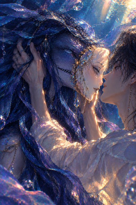 A fantasy digital artwork depicting a romantic embrace between a human woman and a blue-skinned figure, surrounded by shimmering iridescent fabric and golden ornaments.