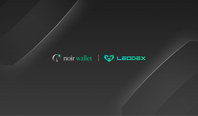 The image features a logo for a company named "leodex" that has been designed with a black background, white lines, and a teal color. The company's name is displayed in white text above the logo. Below the logo, there are two lines of green text that read "Access @leodexio" and "SEND $ZEC on your browser Connect your Noir wallet and sign transactions natively on". This design suggests that the company offers a service for users to access their account information or send money directly from their Noir wallet.