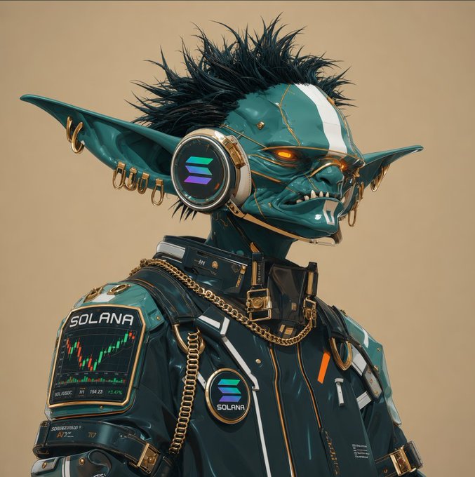A 3D rendered character with green skin, spiky black hair, pointed ears with gold piercings, and glowing orange eyes, wearing a black jacket with Solana logos, a stock chart, and gold chains.