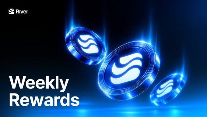 A promotional graphic with the "River" logo and "Weekly Rewards" text featuring glowing blue coins with an 'S' symbol.