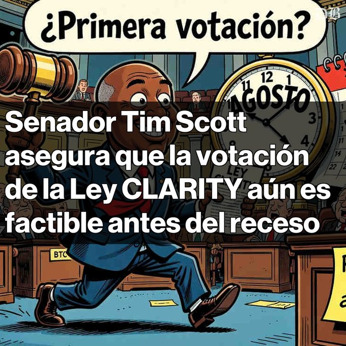 A Spanish-language graphic featuring a cartoon senator with a gavel and a clock, with text reading '¿Primera votación? Senador Tim Scott asegura que la votación de la Ley CLARITY aún es factible antes del receso'.