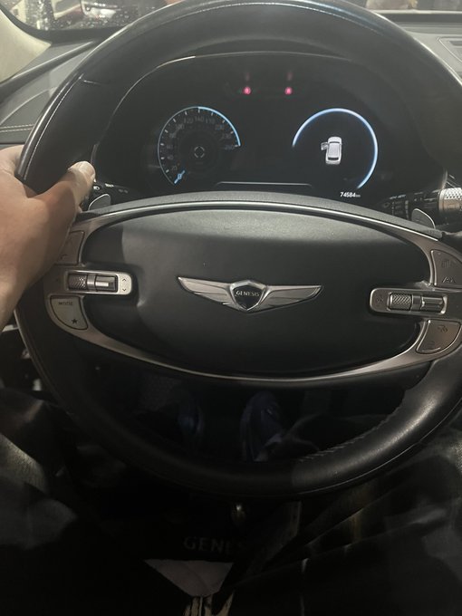 A person's hand rests on the steering wheel of a Genesis vehicle, with the brand's logo clearly visible in the center of the dashboard display.