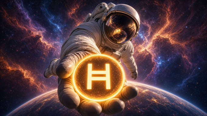 A digital illustration of an astronaut in a spacesuit reaching out toward the viewer while holding a glowing orange circular emblem with an 'H' symbol, set against a colorful cosmic background with a planet below.