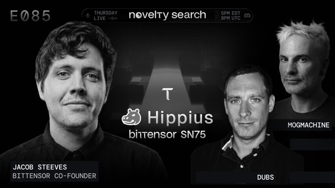 A promotional graphic for Novelty Search episode E085 features Bittensor co-founder Jacob Steeves, Dubs, and Mogmachine alongside the Hippius logo and “bittensor SN75.” It highlights Hippius’s decentralized, S3-compatible cloud-storage network built on Bittensor Subnet 75.