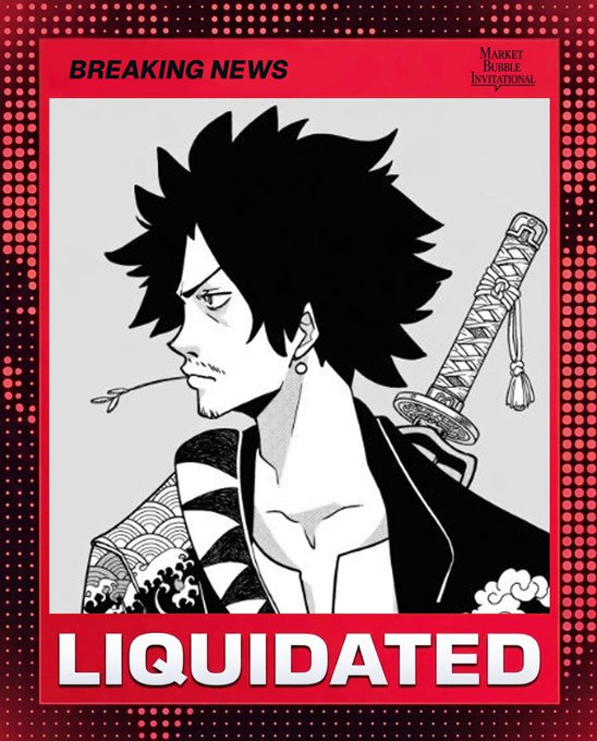 The image features a black and white illustration of a man with spiky hair, dressed in a robe or jacket, holding a sword. The background of the image has red dots scattered around it, giving it an artistic touch. The caption "LIQUIDATED" is written below the image, indicating that this is a sponsored post for Market Bubble Invitational Participant.