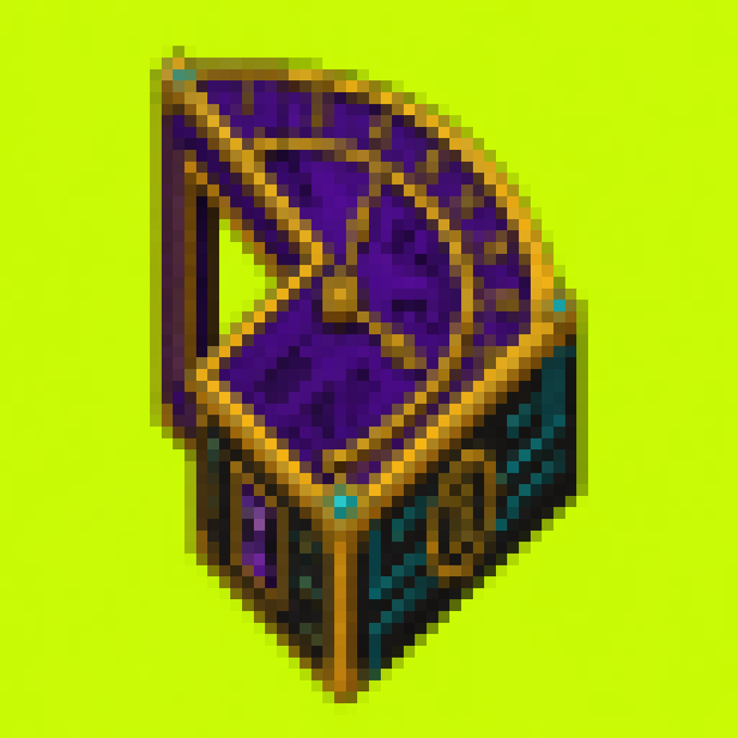 A pixel art shield with an hourglass, featuring deep purple gems and gold trim against a neon green background, symbolizing a ticking countdown tied to an impending "rift" event for an NFT collection on OpenSea.