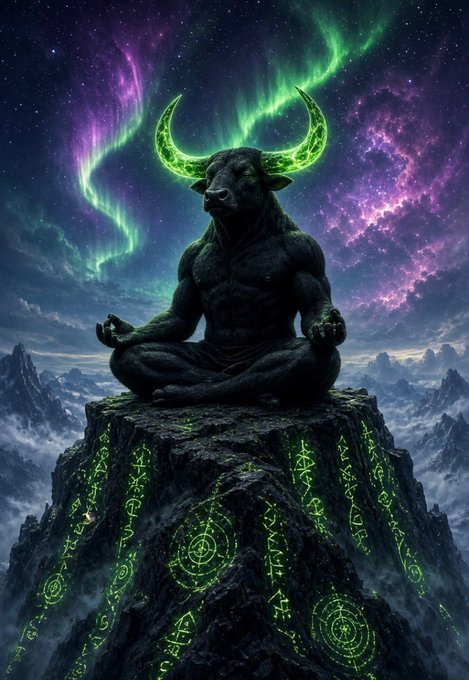 A fantasy digital artwork of a muscular bull-headed figure with glowing green horns meditating in a lotus pose atop a rune-covered mountain peak, with auroras and a starry cosmic sky in the background.