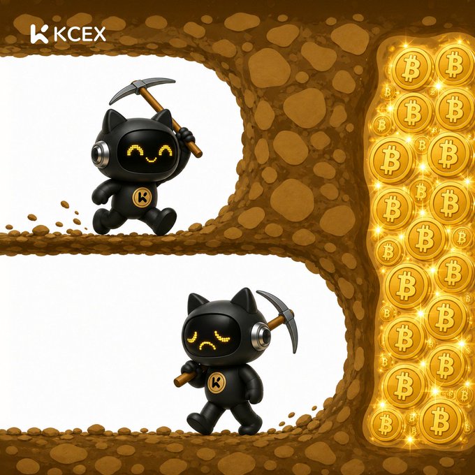 A promotional graphic for KCEX featuring two black cat-like characters holding pickaxes in a stylized mine shaft, with a pile of gold Bitcoin coins on the right side and the KCEX logo in the top left.