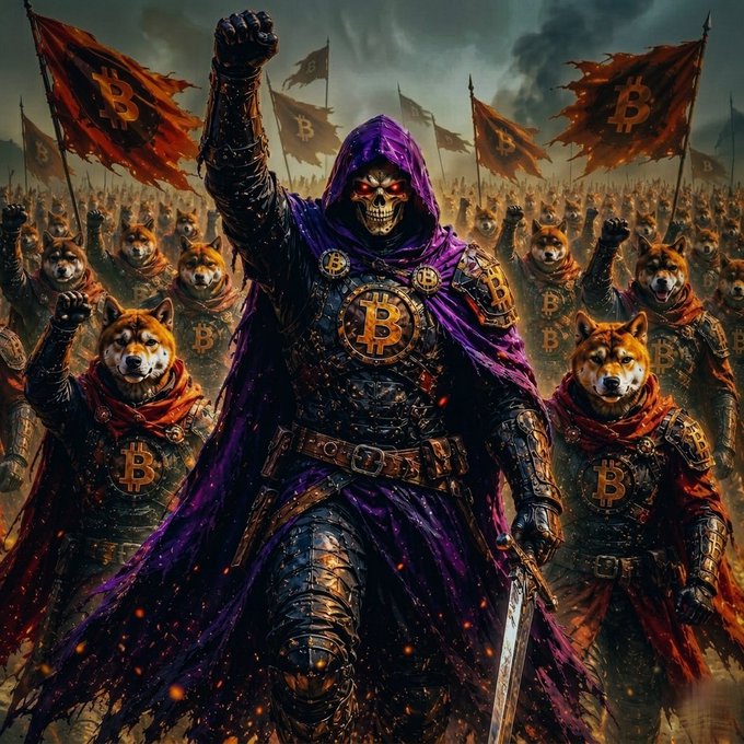 The image features a man dressed as a skeleton with a purple cape, holding a sword and surrounded by a group of dogs wearing red and gold armor. The caption reads "The $DOG effect is unstoppable ... Just real people, Real believers, Real power." This suggests that the image portrays an intense battle scene between the skeleton and the dogs in their armor, symbolizing the struggle for dominance or control over others.

In this context, the term "$DOG" refers to Bitcoin, a digital currency that has gained significant attention and popularity in recent years. The $DOG effect is a phenomenon where people with a strong belief in Bitcoin's potential value invest heavily in it, often without any concrete evidence of its future success. This blind faith can lead to inflated valuations for Bitcoin projects or even crashes when the reality sets in.

The image serves as a visual representation of this concept and highlights how the $DOG effect can influence people's decisions and actions, sometimes leading to significant financial gains or losses.
