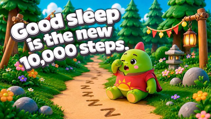 The image features a green frog sitting on a path surrounded by trees and flowers. The text "Good Sleep Is The New Steps" is displayed above the frog's head, while the phrase "Focus on what is in the image and how it relates to the post." is written below the frog. This suggests that the image might be related to an advertisement or promotional material for a product or service focused on sleep improvement.