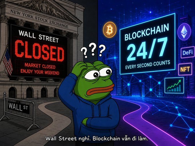 A meme featuring the 'Hopeless Pepe' frog character looking confused between the New York Stock Exchange with a 'WALL STREET CLOSED' sign and a neon 'BLOCKCHAIN 24/7' sign with DeFi and NFT icons, captioned 'Wall Street nghỉ. Blockchain vẫn đi làm.'