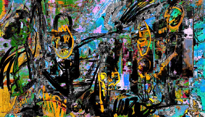 An abstract expressionist painting featuring chaotic black brushstrokes with vibrant accents of orange, yellow, green, and pink.