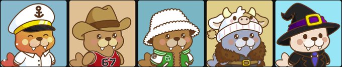 A row of five cartoon animal characters in different costumes: a sailor, a cowboy ("67"), a fur-hooded winter outfit, a unicorn outfit, and a wizard.