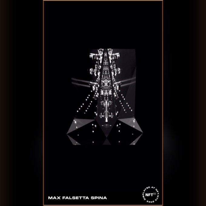 NFT artwork titled 'Max Falsetta Spina' showing a symmetrical abstract structure resembling a chandelier or cathedral rendered in monochrome against a black background, certified by an NFT authenticity stamp.
