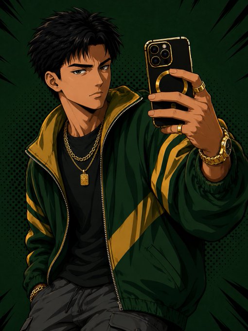An illustrated anime-style character with black hair wears a green and yellow jacket and gold jewelry while taking a selfie with a smartphone.