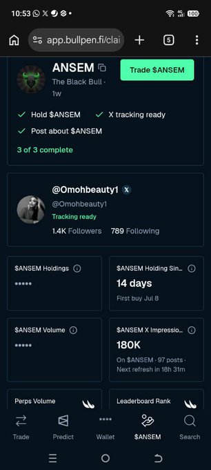 A screenshot of the Bullpen app showing $ANSEM coin tracking details, including a 1.4K-follower tracking account (@Omohbeauty1), 14-day holding period, 180K X impressions, and 3 of 3 checklist items complete. The image supports the post by visually demonstrating the active, community-driven tracking and engagement metrics around $ANSEM that the author finds compelling.