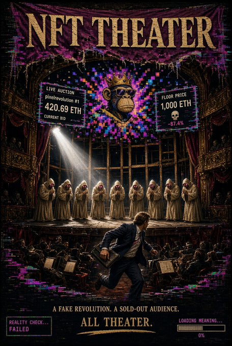 A satirical NFT theater poster featuring a Bored Ape NFT, a live auction price of 420.69 ETH, and a floor price of 1,000 ETH, with text 'A FAKE REVOLUTION. A SOLD-OUT AUDIENCE.'