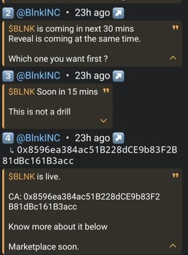 A screenshot of a dark-themed chat or forum where a user named "@BlnkINC" posts updates about "$BLNK", including a contract address (CA: 0x8596ea384ac51B228dCE9b83F2B81dBc161B3acc) and mentions of a reveal and marketplace.