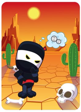 A mobile game icon showing a cartoon ninja standing in a desert landscape with cacti, a skull, and a bone, daydreaming of clouds.