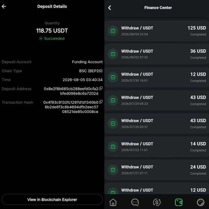 Two mobile app screens showing cryptocurrency transaction details: a successful deposit of 118.75 USDT to a Funding Account via BSC (BEP20) chain with transaction hash, and a Finance Center history of completed USDT withdrawals ranging from 12 USD to 125 USD dated July-August 2026.